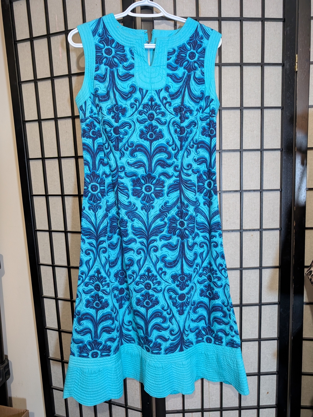 Sleeveless Turquoise Blue Patterned A-Line Dress (M)